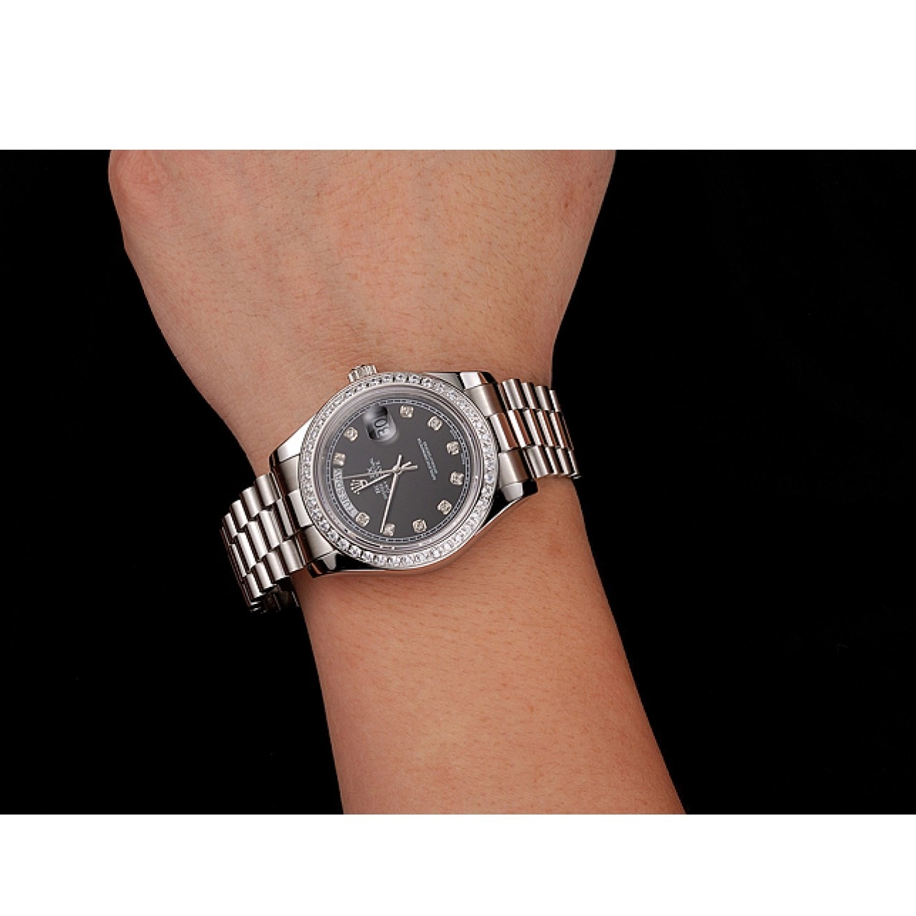 Good copy rolex watches Diamond Numerals Rolex Black Bracelet Day-Date Stainless Case 1453965 Steel Diamond Dial Swiss 0605